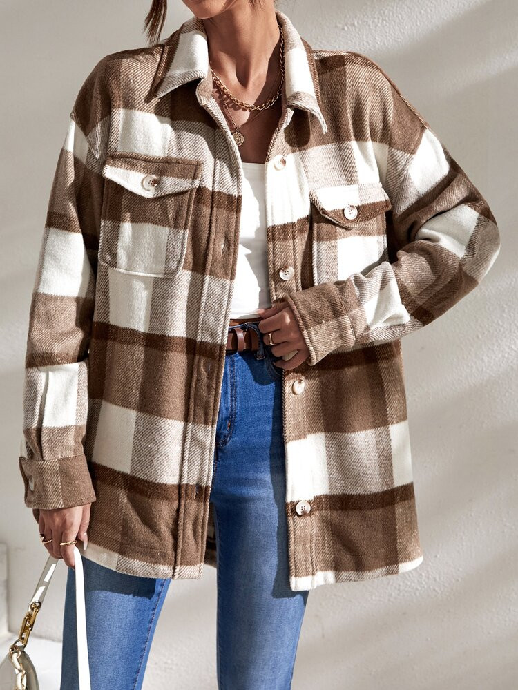 Mantel mit Plaid Muster, Pattentasche, Drop Shoulder | SHEIN