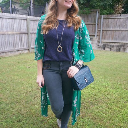 Blue and green with a navy tee, black skinny jeans and my green Jeanswest floral duster and Rebecca Minkoff Love Too bag 💙💚

#LTKaustralia #LTKitbag