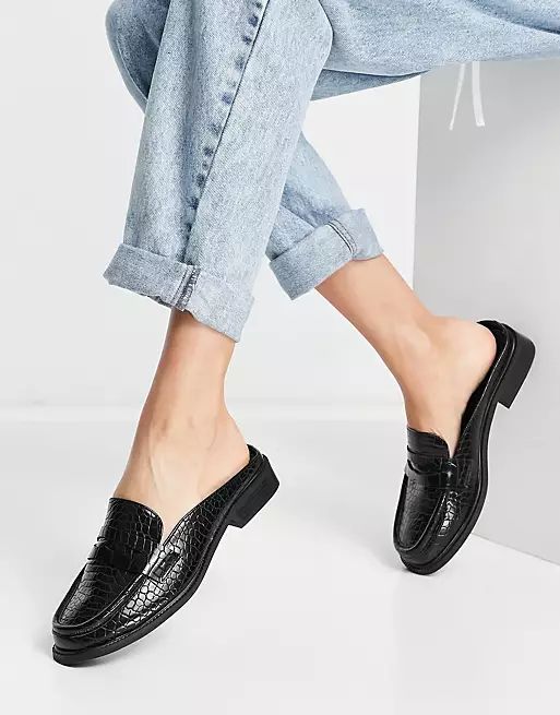 ASOS DESIGN Maximal 90's mule loafers in black croc | ASOS (Global)