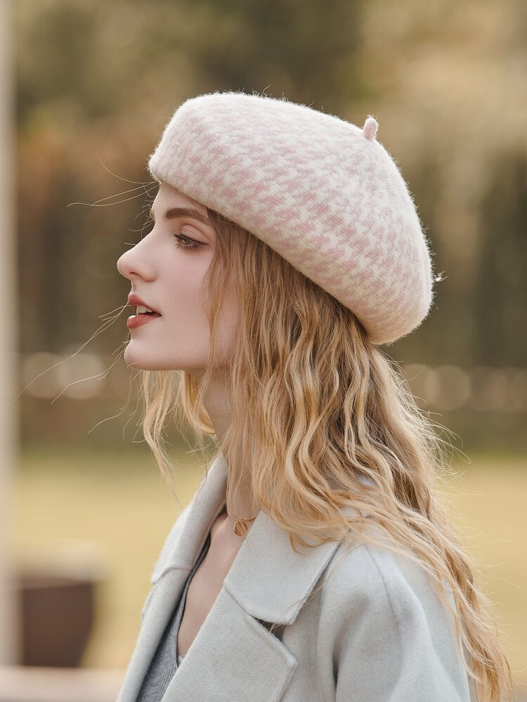 100% Wool Houndstooth Pattern Beret | SHEIN