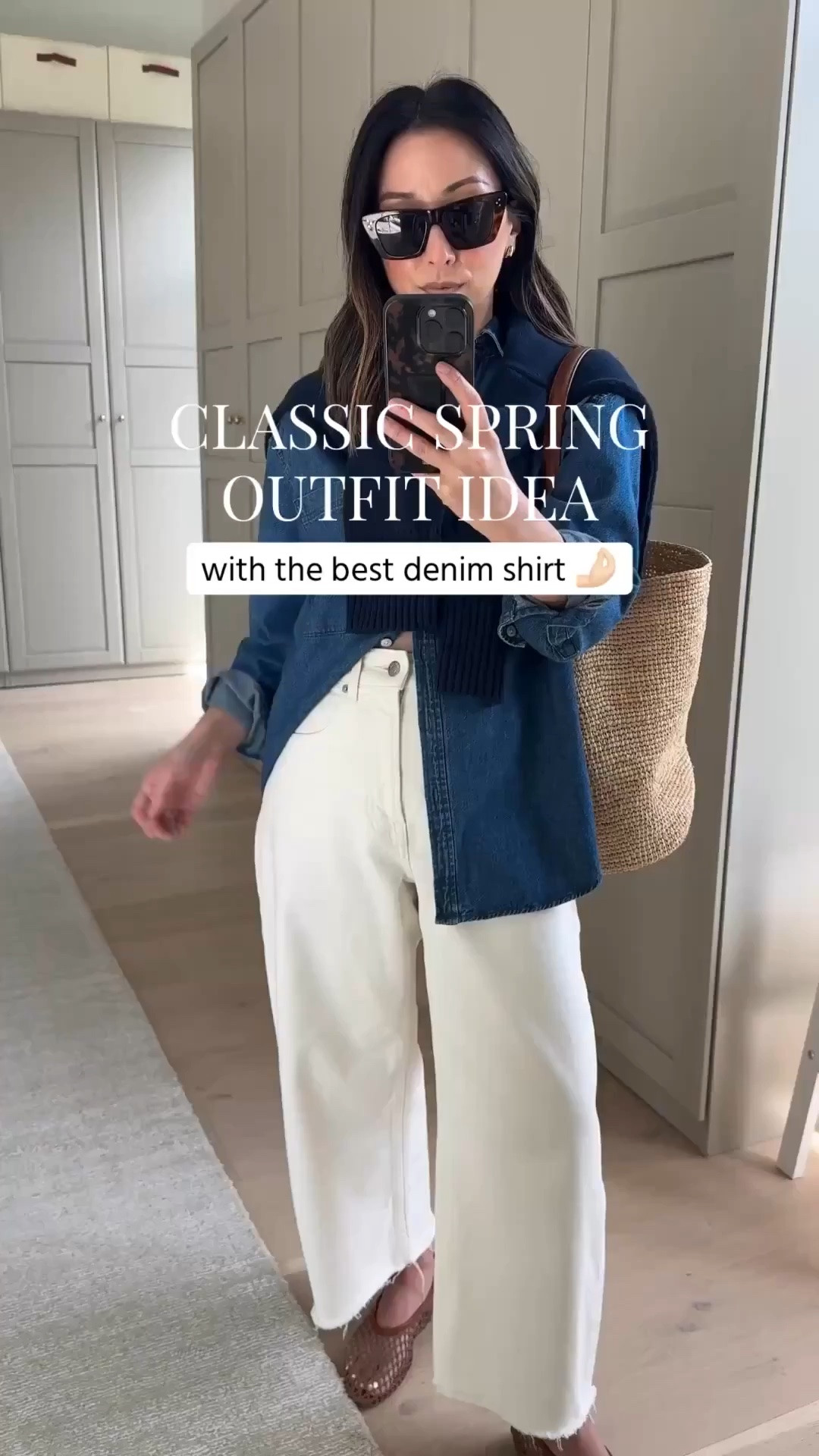 Classic spring outfit idea featuring the best denim shirt- perfectly oversized and the best wash👏🏼 

AYR button down xs
Everlane curve Jean 26 - sized up and cut hems. 
Staud netted flats 35
Everlane cottons sweater xs
J.crew raffia bag
Dorsey James necklace 15”
Quince earrings
Celine sunglasses 

Spring outfits 2026, spring style, petite style, mom outfits

#LTKootd #LTKmomlife #LTKPetite