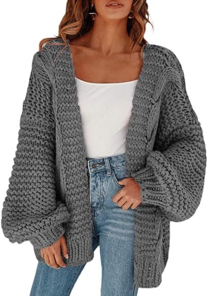 Cicy Bell Women's Open Front Chunky Knit Cardigan Loose Lantern Sleeve Oversized Sweater Coats | Amazon (CA)