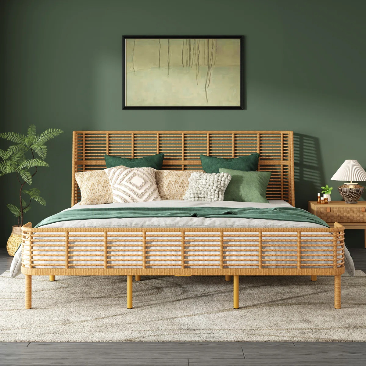 Soltera Coastal Boho PE Wicker Bed With Wing Back Headboard And Metal Frame Support | Wayfair North America