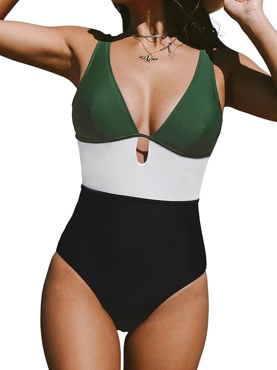 CUPSHE Women's One Piece Swimsuit Color Block Keyhole Cutout Bathing Suit | Amazon (US)