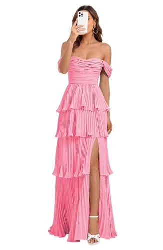 Yoelan Tiered Hot Pink Bridesmaid Dresses for Women 2026 Off Shoulder Ruffle Chiffon Formal Wedding Guest Dress with Slit Size 0 | Amazon (US)