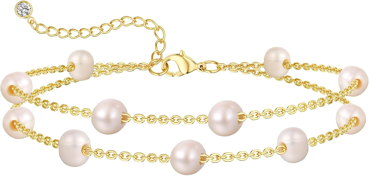 BERISO Gold/Silver Pearl Bracelets - 14K Gold Plated Dainty Pearls Beaded Chain Heart Bracelets | Amazon (US)