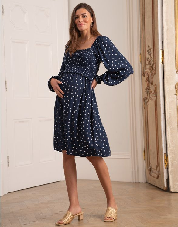 Navy Polka Dot Shirred Maternity & Nursing Dress | Seraphine UK