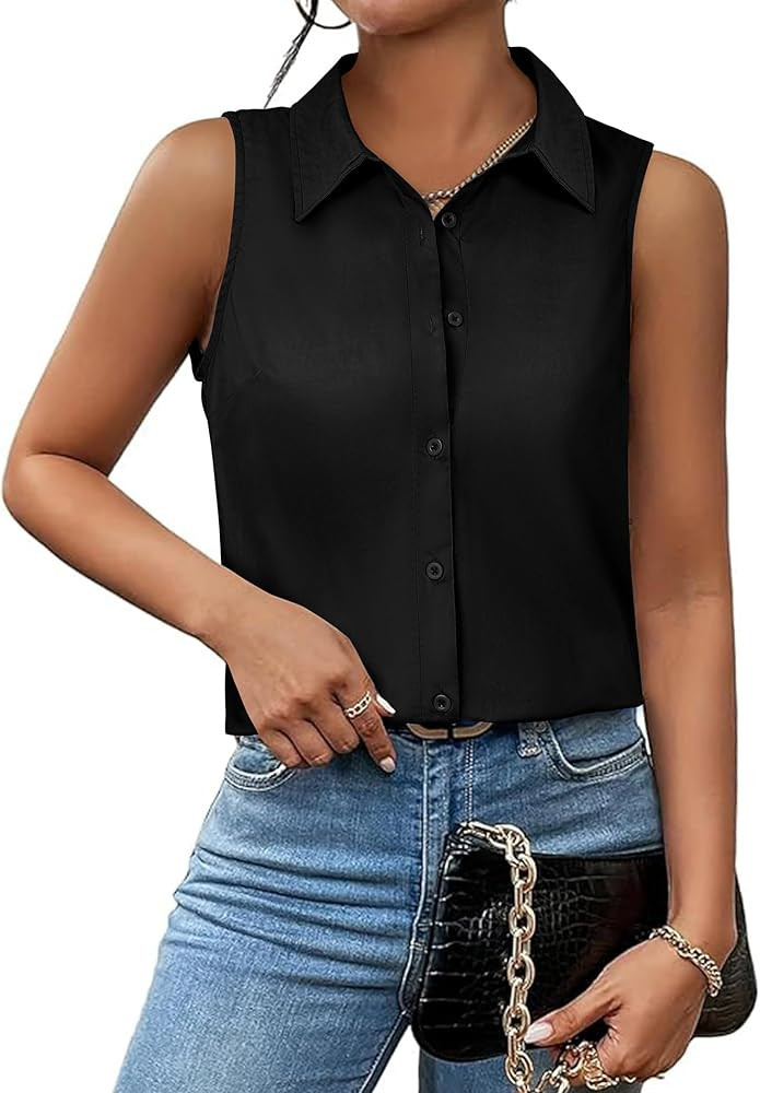 Womens Sleeveless Button Down Shirts Collared Blouse V Neck Work Tank Top Business Office Summer ... | Amazon (US)