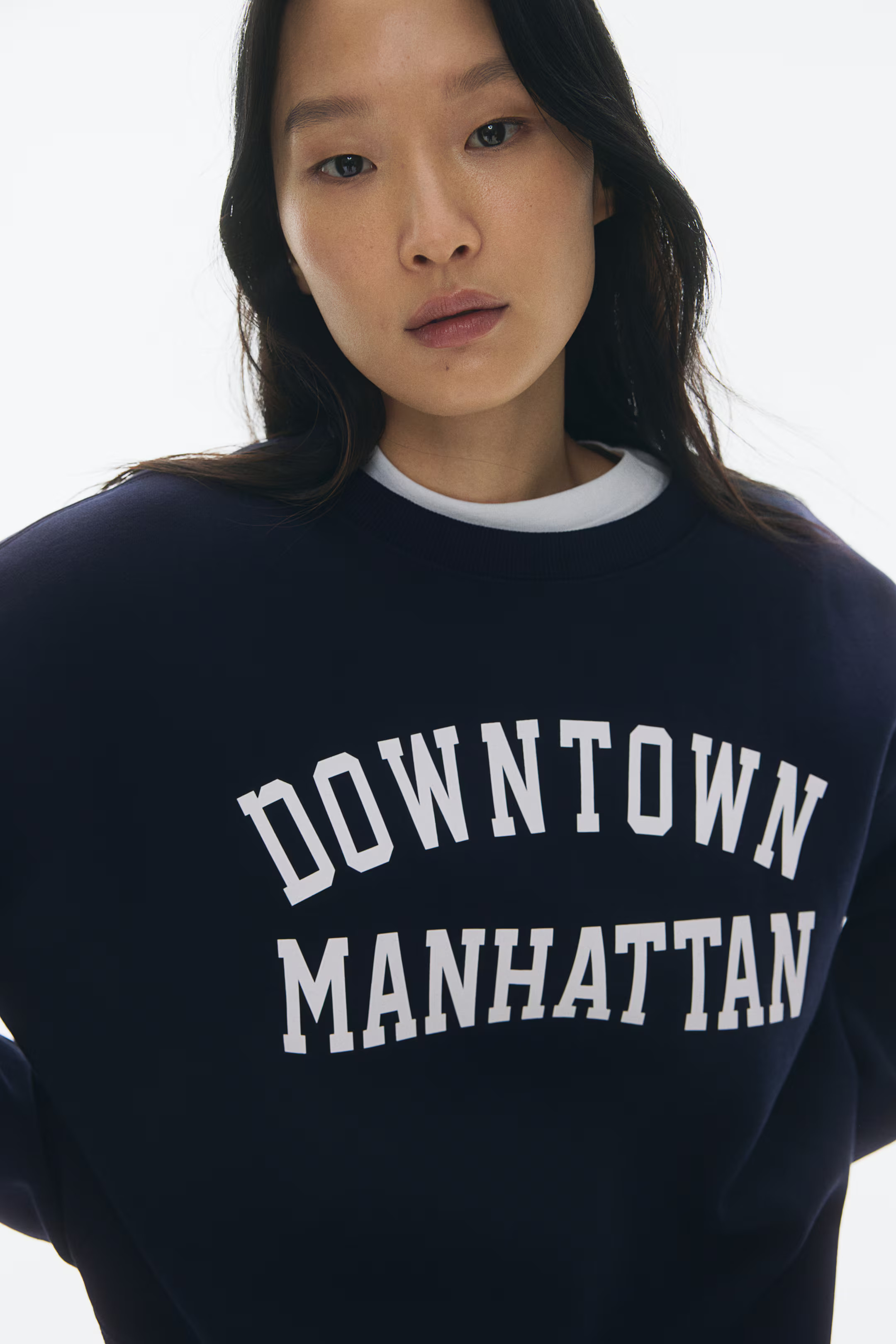 Text-motif sweatshirt - Navy blue/Manhattan - Ladies | H&M GB | H&M (UK, MY, IN, SG, PH, TW, HK)