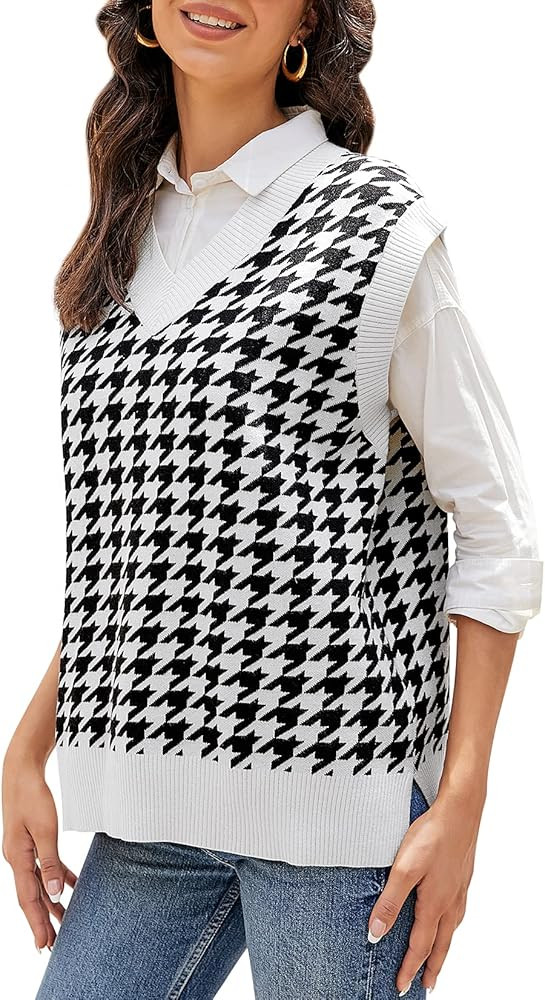 HOCOSIT Women's Houndstooth Knitted Vest Sweater V Neck Pullover Vintage Sleeveless Crop Knitwear | Amazon (US)