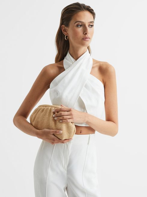 Reiss Neutral Delilah Raffia Ruched Clutch Bag | Reiss US