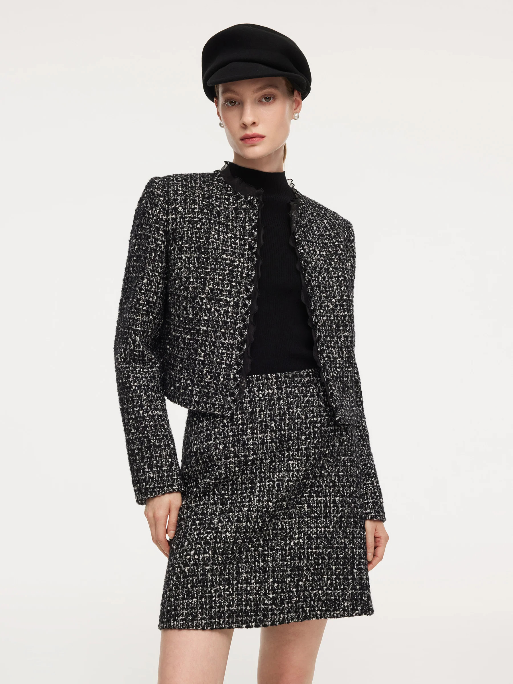 Wool Blend Tweed Cropped Jacket And Skirt Two-Piece Set - Black & White Mixed Yarn / XS | GOELIA