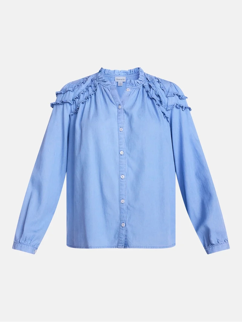Scenario Women's and Women's Plus Ruffle Shoulder Top with Long Sleeves, Size XS-4X | Walmart (US)