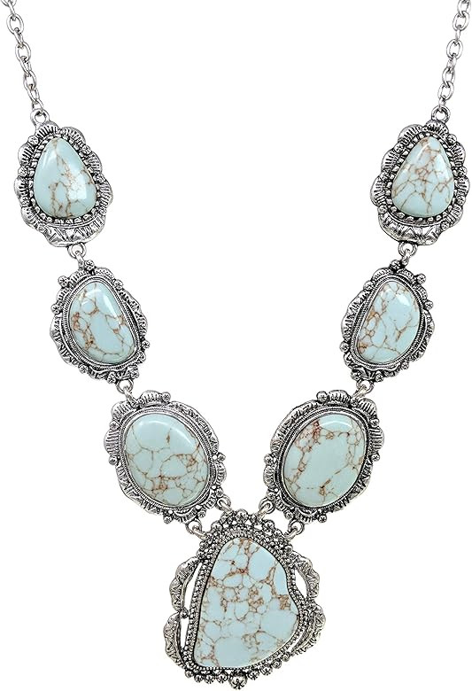 Elosee Turquoise Stone Western Style Bib Statement Pendant Long Necklace 27 Inch | Amazon (US)