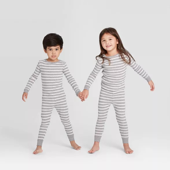 Toddler Striped 100% Cotton Tight Fit Matching Pajama Set - Gray | Target