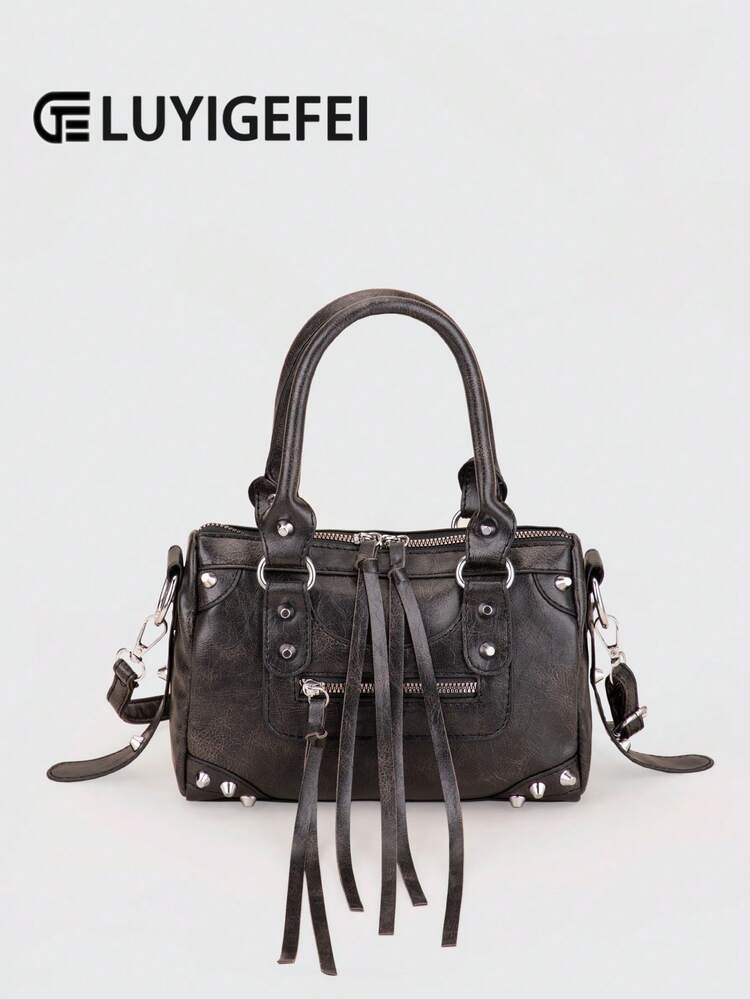 1 Pc Vintage Rubbed Black Splicing Rivets Inlaid Metal Tassels Zip Decoration Retro PU Material L... | SHEIN