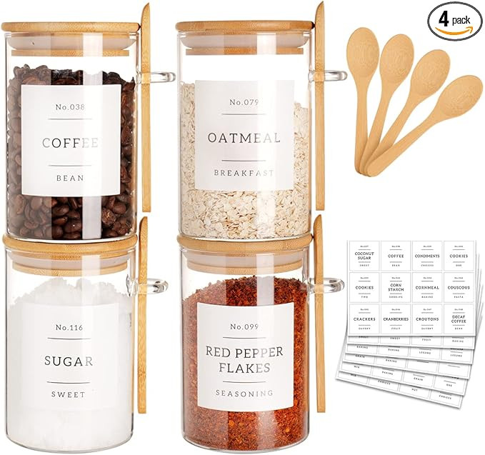 Glass Jar with Bamboo Lid and Spoon - 4 Pcs 17 oz Sugar Container with 132 Food Pantry Labels - G... | Amazon (US)