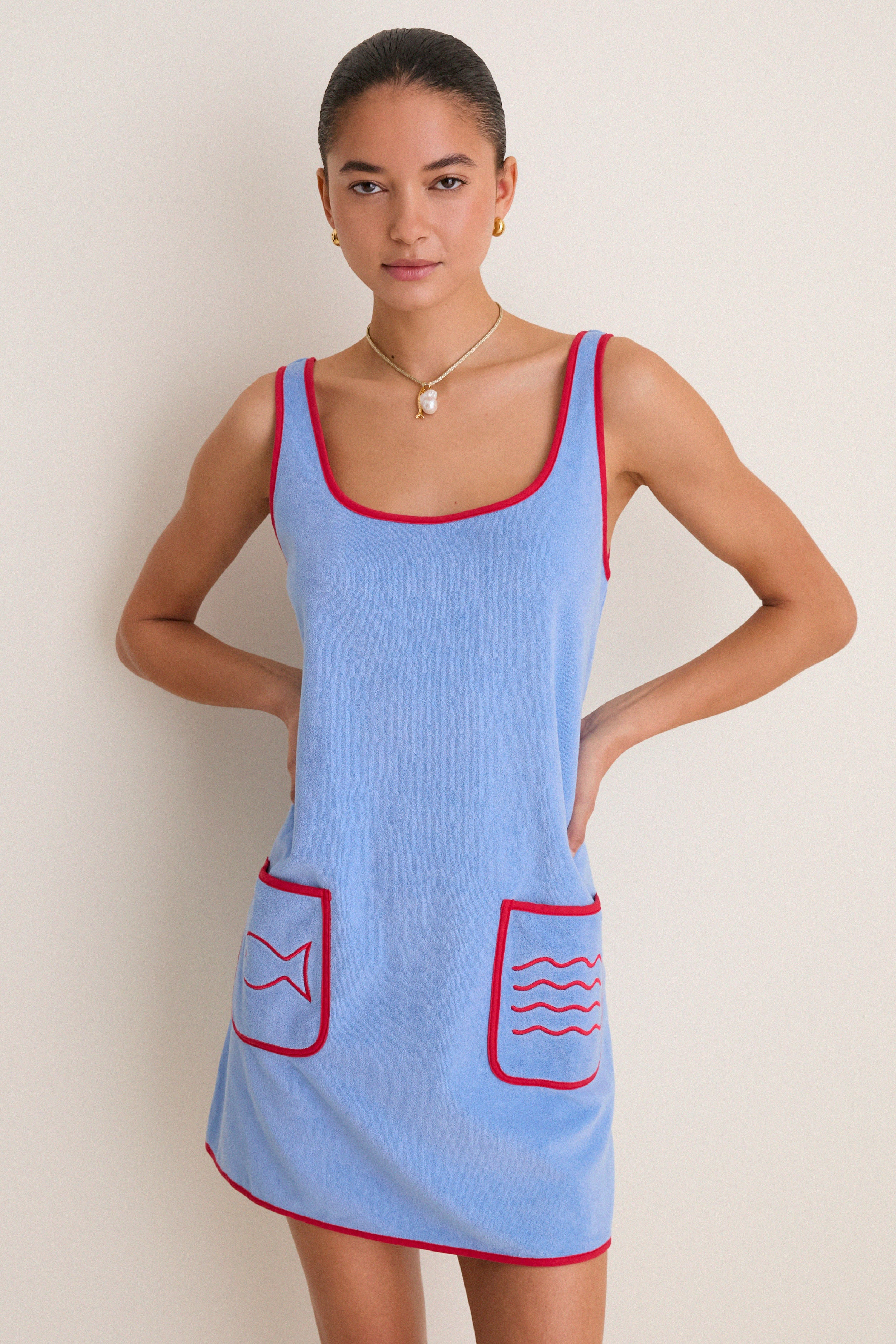 Powder Blue and Poppy Embroidered Mini Terrycloth Coverup | Tuckernuck (US)