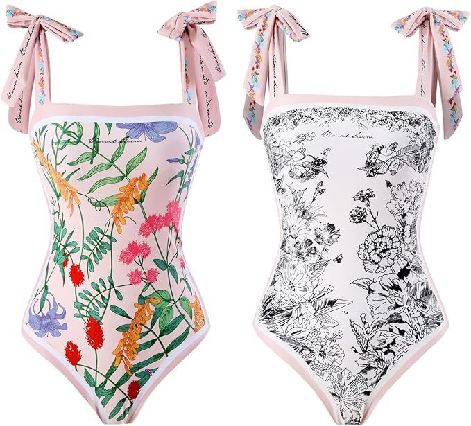 Meyeeka Reversible One Piece Bating Suit for Women Tummy Control Floral Swimsuit Tie-Shoulder Mon... | Amazon (US)