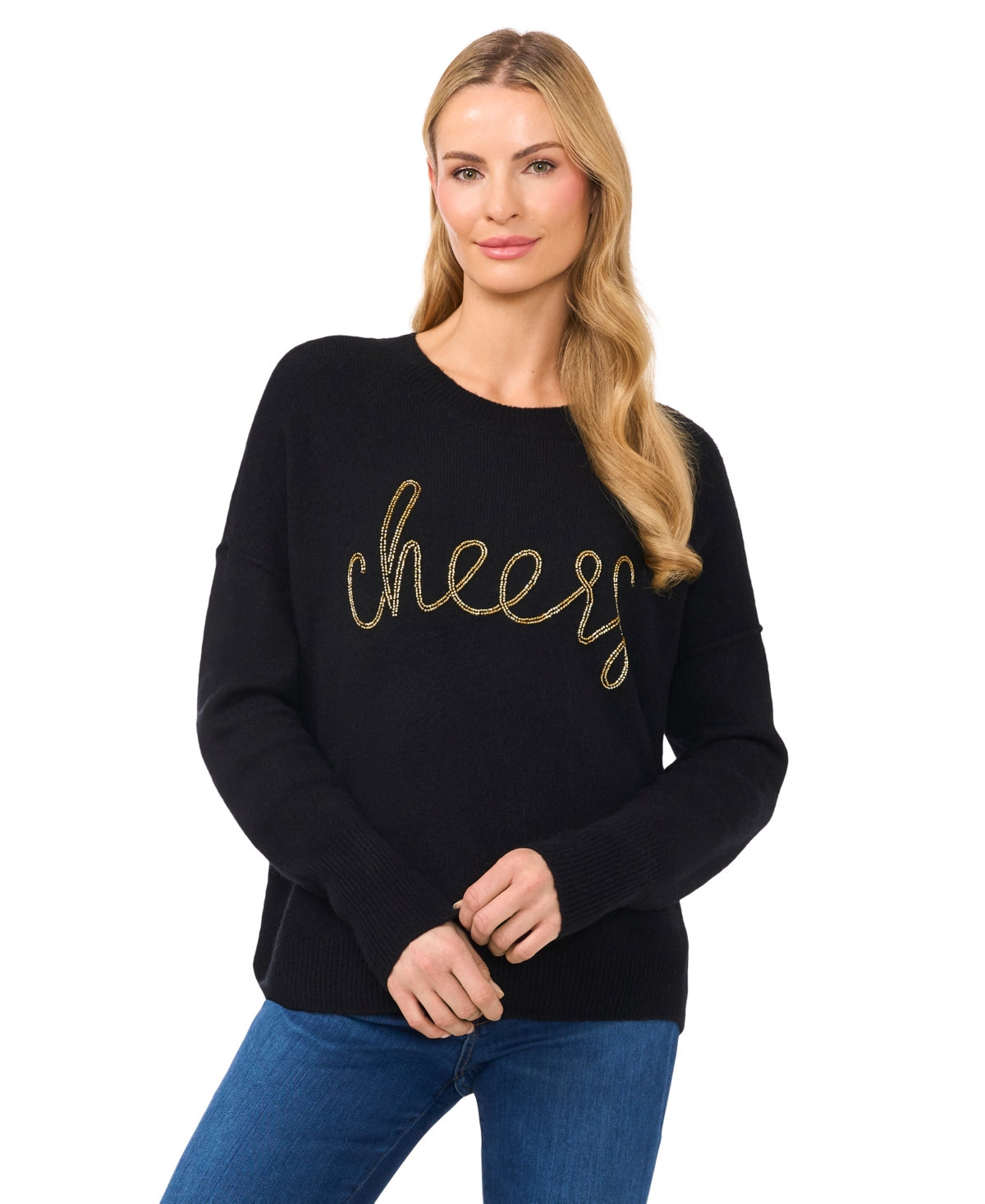 CeCe Women's Long-Sleeve Cheers Script Sweater - Rich Black | Macy's