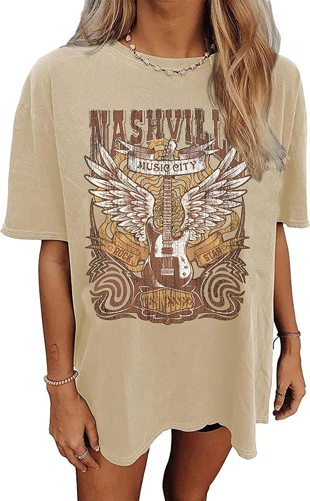 Nashville Music City T-Shirt Women Country Music Oversized Shirts Rock Band Tshirt Vintage Guitar... | Amazon (US)