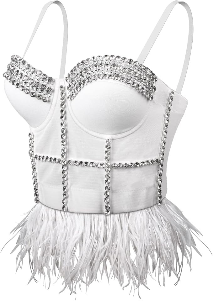 VIJIV Women's Rhinestone Bustier Crop Top Goth Punk Push Up Fashion Corset Tops Bra With Feather | Amazon (US)