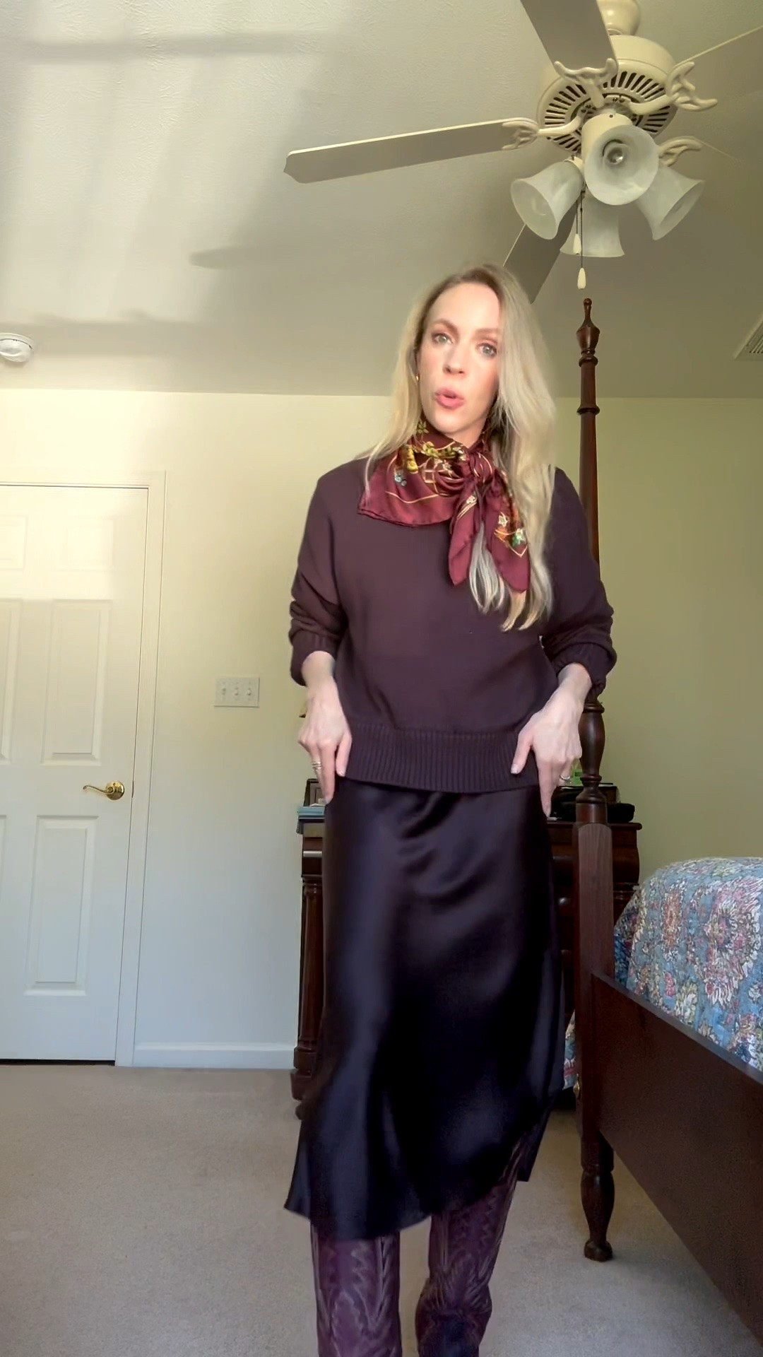 Fall workwear, teacher outfit, @Quince silk skirt, @Tecovas burgundy cowboy boots, date night