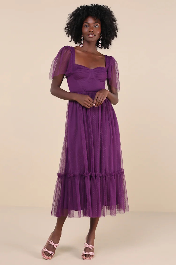 Dreamy Celebration Plum Purple Tulle Bustier Swiss Dot Midi Dres | Lulus