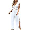 FANCYINN Womens 2 Pieces Outfits Deep V Neck Crop Top Side Slit Drawstring Wide Leg Pants Set Jum... | Amazon (US)