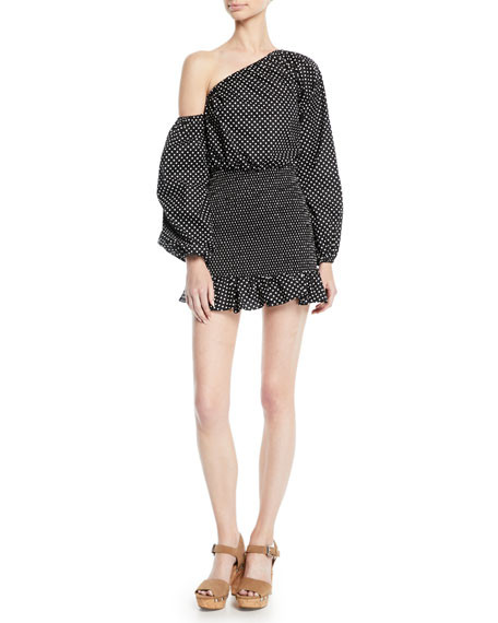 Cynthia Polka-Dot Flounce Blouson-Sleeve Mini Dress | Neiman Marcus