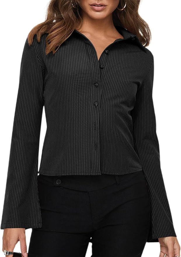 VNIRA Women’s Button Down Shirts Striped Long Sleeve Collared Casual Work Blouses Tops 2024 Fal... | Amazon (US)