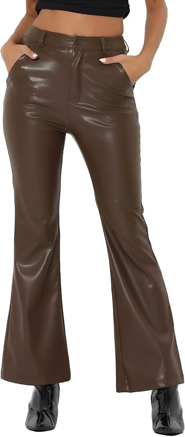 Allegra K Faux Leather Casual Pant for Women's High Waist Bell Bottom Flared Long PU Trouser | Amazon (US)