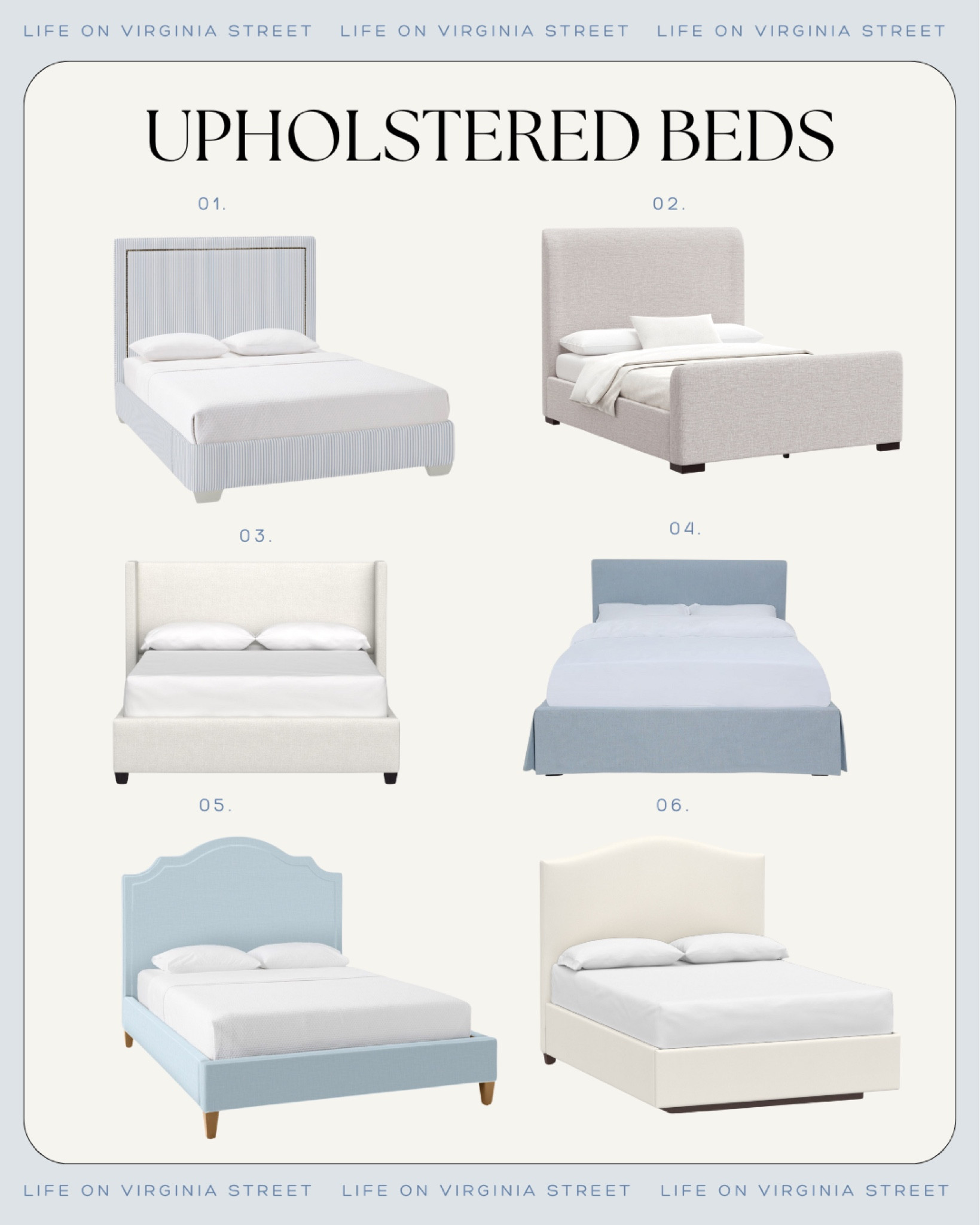 Obsessed with these traditional and coastal upholstered beds! I’ve also included a few bonus options that aren’t on the graphic. From the light blue upholstered bed, to the arched bed frame to the striped fabric bed, to the neutral white beds, there are so many cute options for a coastal bedroom!
.
#ltkhome #ltkseasonal #ltksalealert #ltkstyletip #ltkfamily #ltkkids bed ideas, beachy bed frames, platform beds, preppy bedroom design

#LTKSaleAlert #LTKSeasonal #LTKHome
