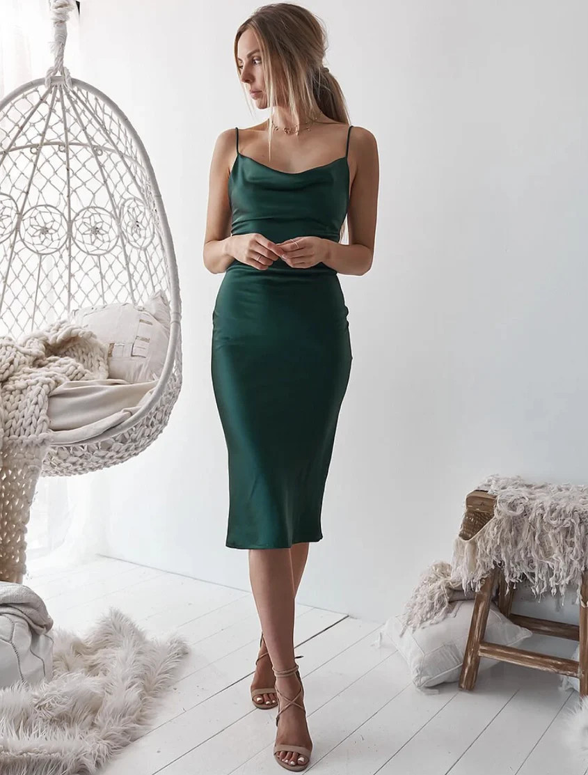 Aspen Midi Dress - Emerald Green Satin Slip Dress | Lady Black Tie