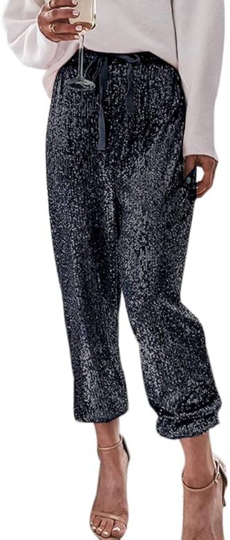 ALLUMK Womens Black Sequin Bling Legging Joggers Pencil Pants with Drawstring | Amazon (US)