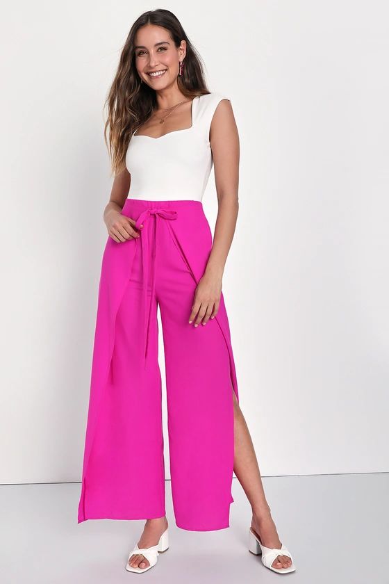 Bright and Breezy Magenta Tie-Front Culotte Side Slit Pants | Lulus (US)