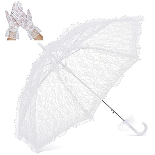 Amylove Lace Parasol Umbrella and Lace Gloves Set Wedding Bridal Umbrella for Decoration Tea Party Costume 31.5 Inch Adult Size(White) | Amazon (US)