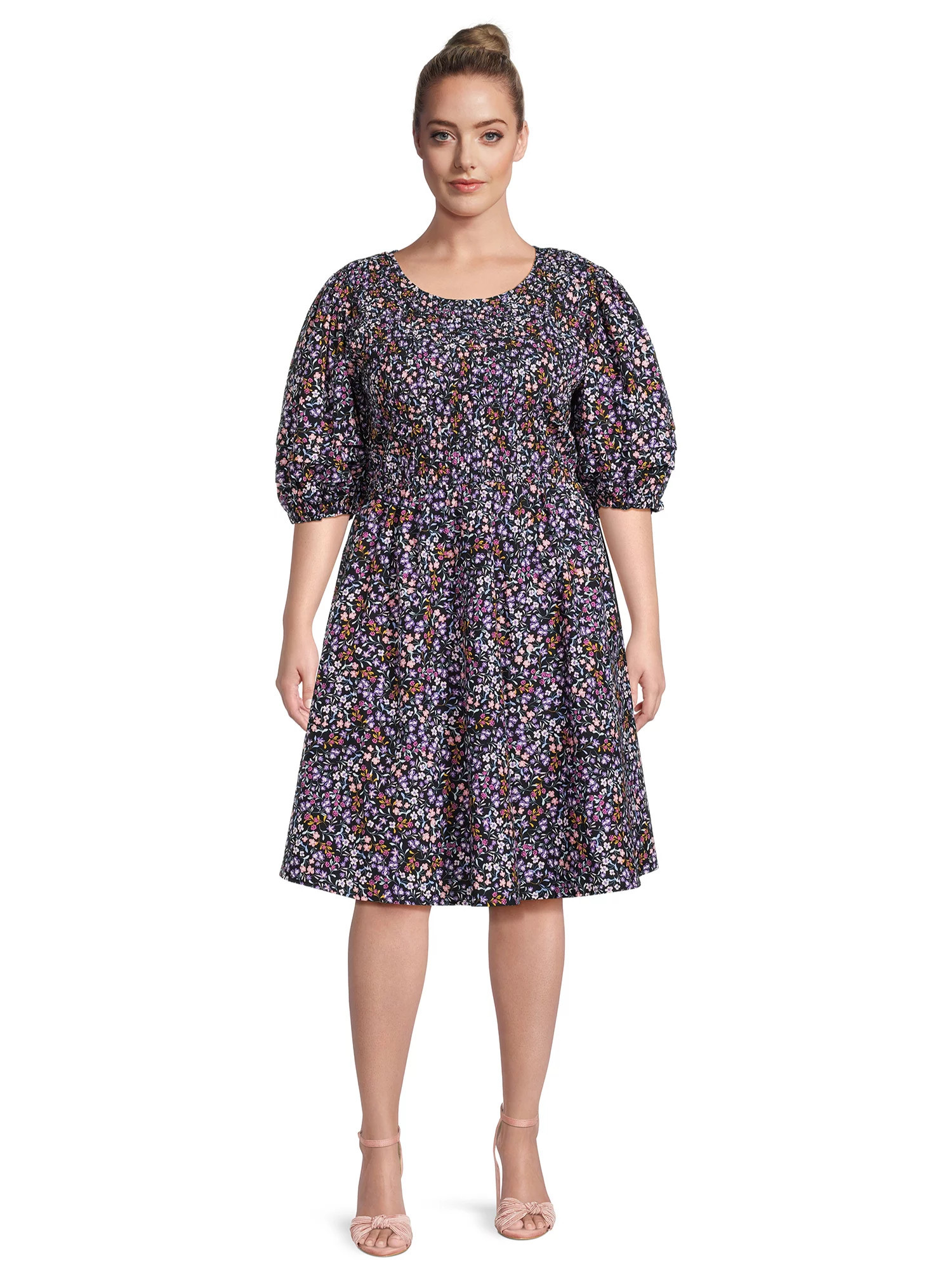 Terra & Sky Women's Plus Smocked Dress with Puff Sleeves | Walmart (US)