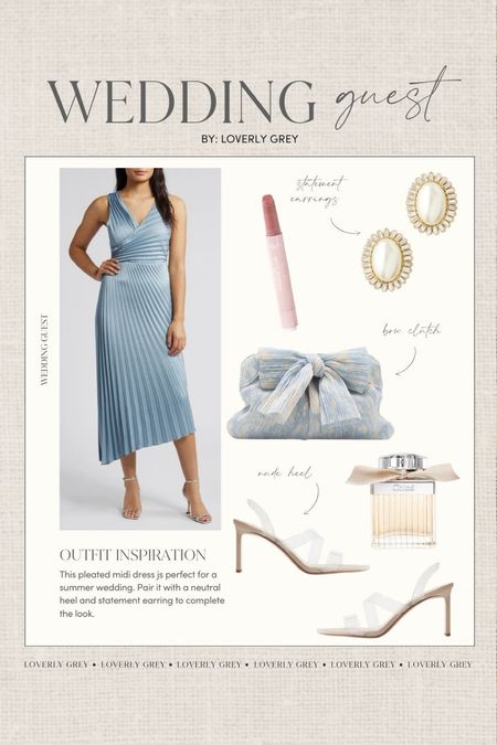 Summer wedding guest outfit idea. This pleated midi dress and bow clutch are perfect for a formal wedding guest look. Loverly Grey, wedding guest 

#LTKWedding #LTKStyleTip #LTKSeasonal