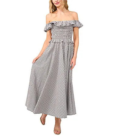 CeCe Gingham Off-The-Shoulder Sleeveless Ruffle Smocked Maxi A-Line Dress - S | Dillard's