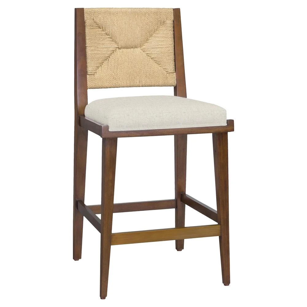 Palecek Grant Coastal Beige Upholstered Walnut Wood Outdoor Counter Stool | Kathy Kuo Home