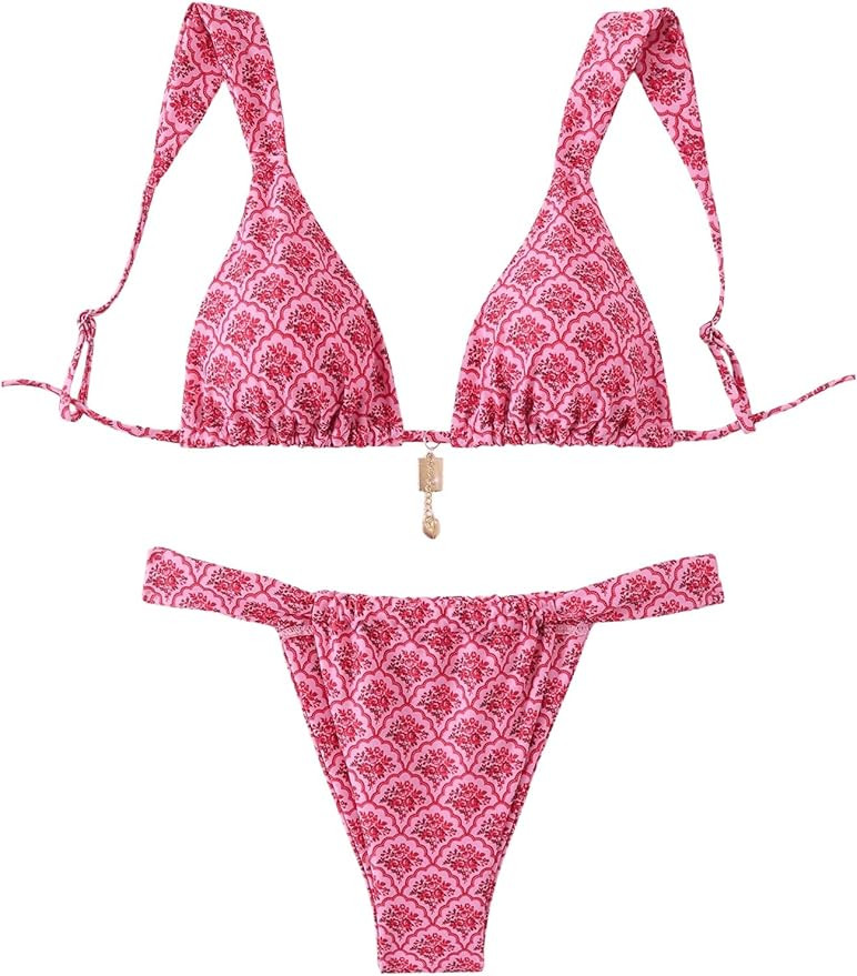 QJQ Women's 2 Piece Cheeky Bikini Sets Leopard Print Tie Back Bathing Suit Sexy Triangle Swimsuit | Amazon (US)