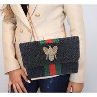 Italian Striped Bee Beaded Crossbody Chain Clutch Bag Handbag | Etsy (US)