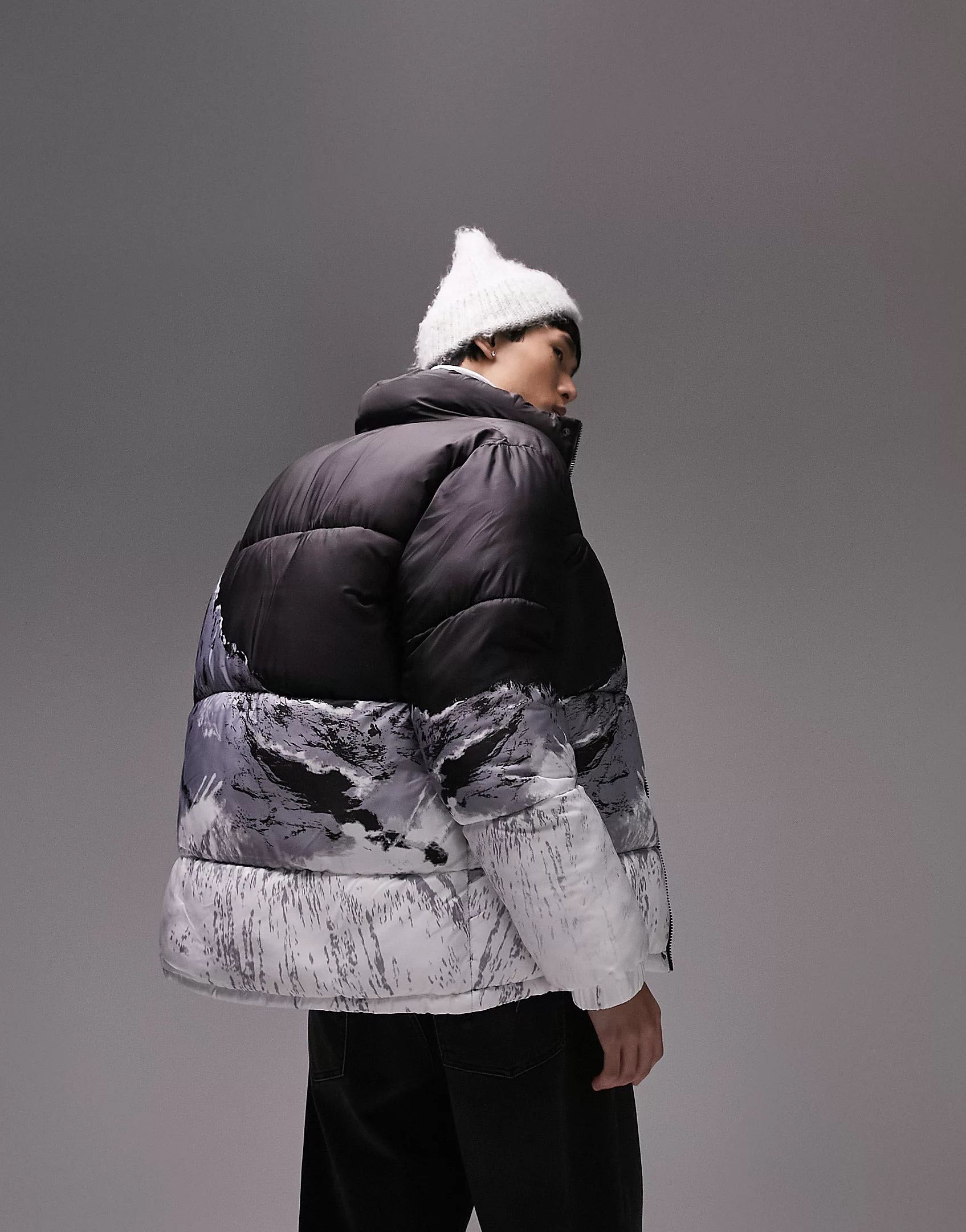 Topman signature puffer jacket with mountain scene print in black | ASOS (Global)