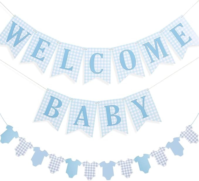 Baby Boy Baby Shower Banner, 2 PCS Pre-strung Blue Gingham Welcome Baby and Body Cloth Banner for... | Amazon (US)