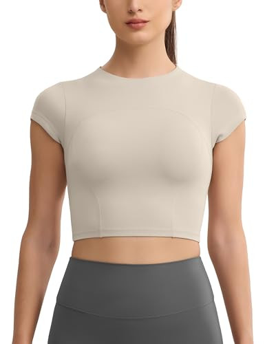 Workout Crop Tops for Women Yoga Short Sleeve Mild Support Slim Fit Cropped Athletic Shirts Gym T... | Amazon (US)