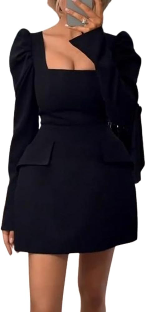 Square Neck Pleated Dress Long Sleeve Mini Dress Fall Dress Work Dress Y2K Business Casual Outfit... | Amazon (US)