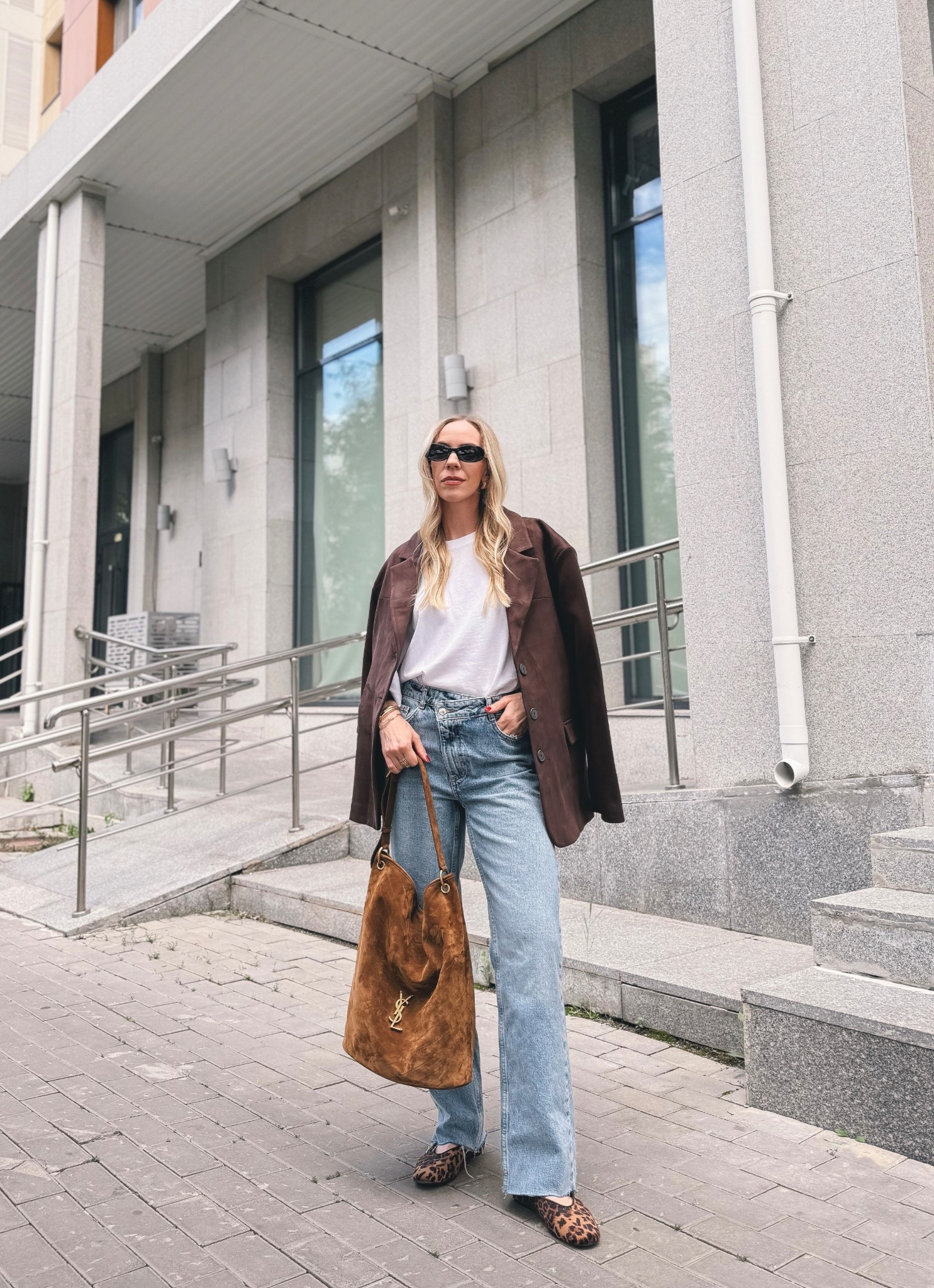 Spring outfit, suede blazer, @Zara crossover waist jeans, white tee and jeans, leopard print ballet flats, suede YSL tote bag

#LTKOver40 #LTKspringtrends #LTKspring