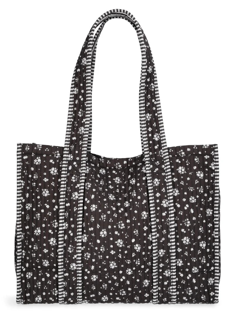 No Boundaries Women's Quilted Tote Bag, Black Ditsy/Stripe | Walmart (US)