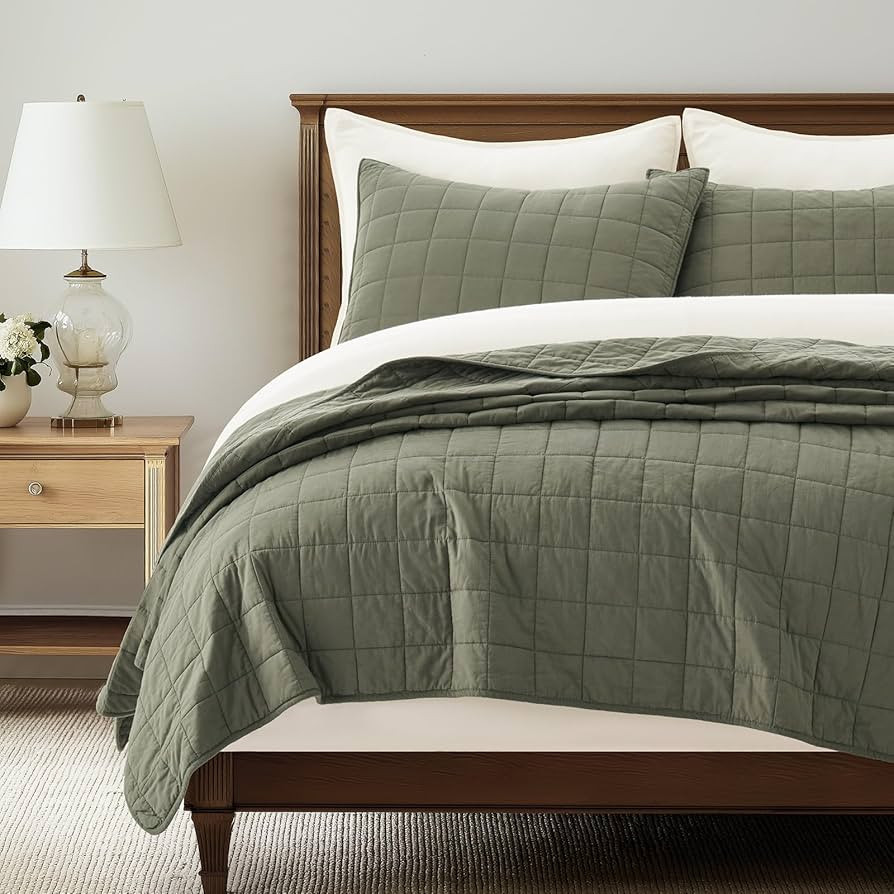 100% Cotton Box Stitch Quilt Bedding Set King Size 3 Pieces, Garment-Washed Lightweight Soft Cozy... | Amazon (US)